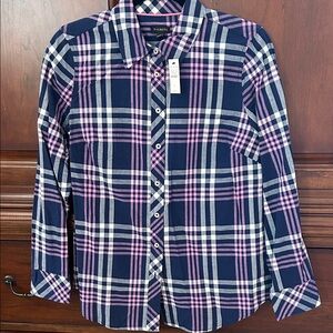 Talbots Navy and Pink Plaid Button Down Shirt/Size Small
